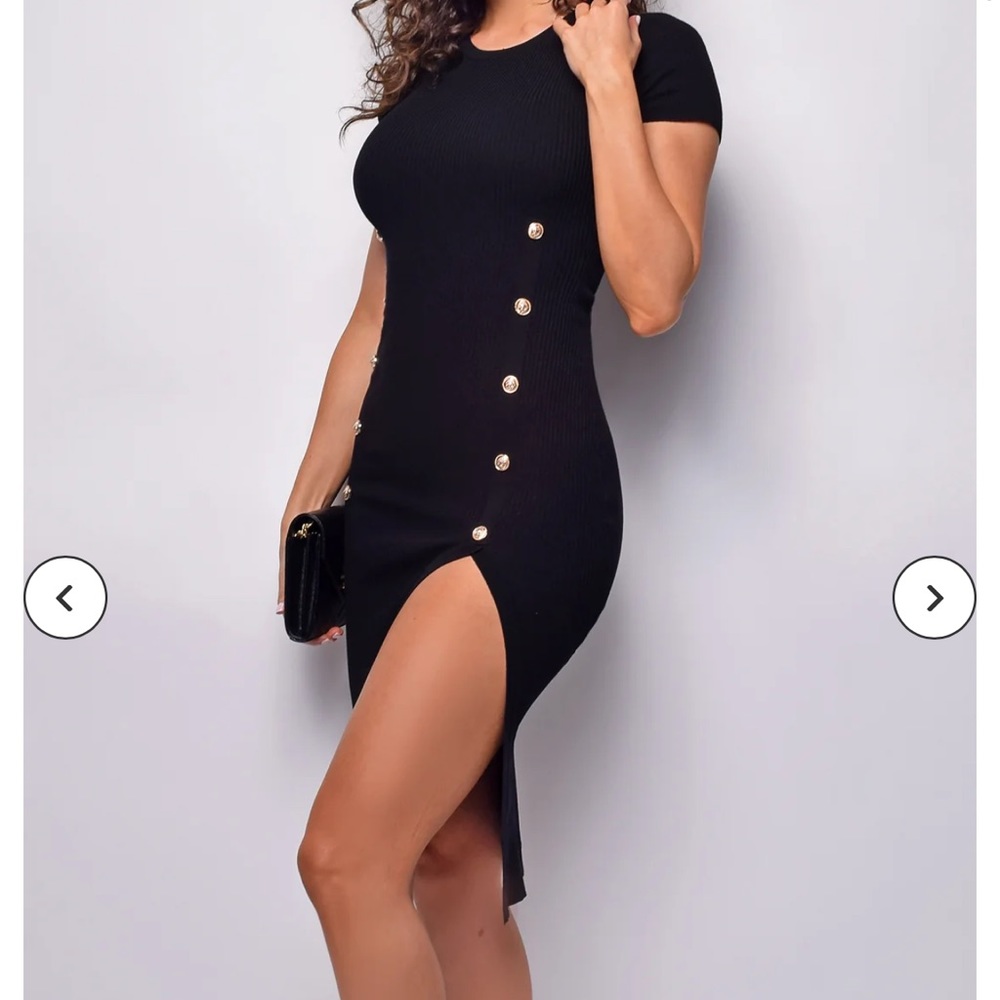 New Emprada Ribbed Black Dress with gold buttons